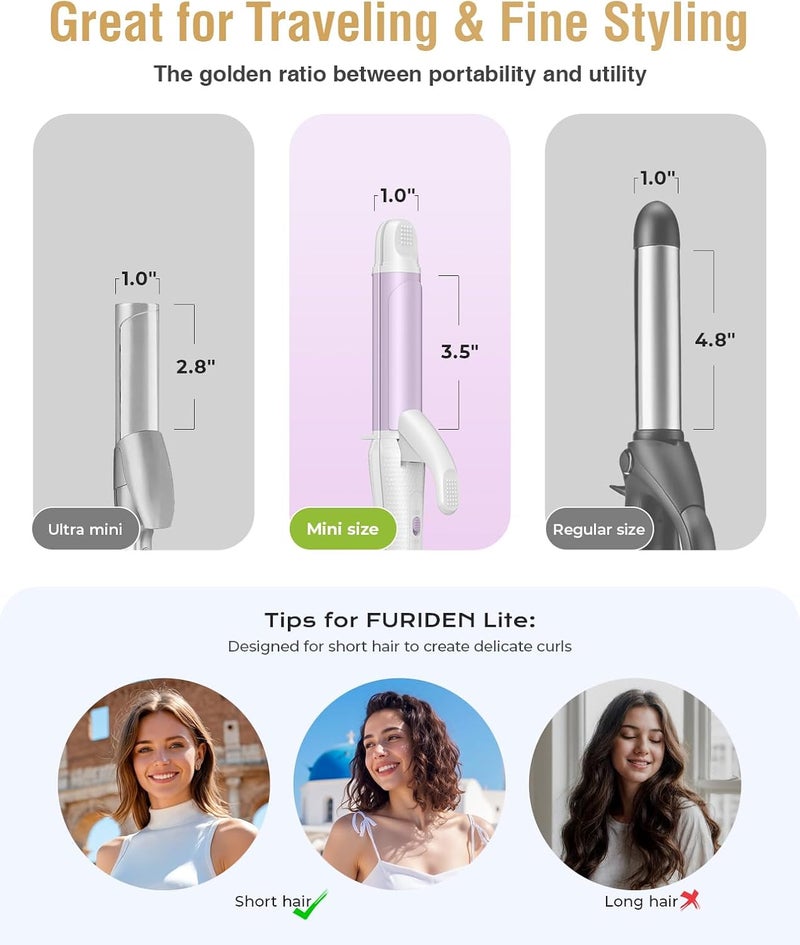 FURIDEN Europe Travel Curling Iron Mini: Dual Voltage Curling Iron for Traveling - Mini Travel Curling Irons 1 Inch with US Plug,Purple 390℉ for Fine/Damaged Short Hair - Image 4
