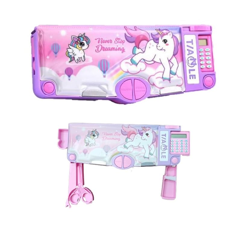 Invite Enterprise Multifunctional School Pencil Box with Calculator Cute Cartoon Stationary Compass for Boys Geometry Kids with Inbuilt Scissor Ruler Eraser&Sharpener Box Best Gift (Pink Unicorn-Calculator) - Image 1