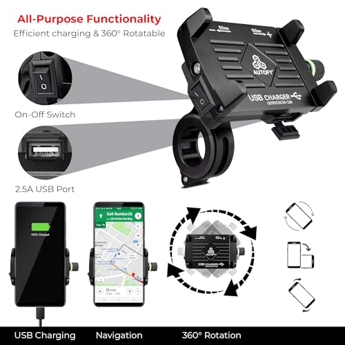 Autofy NEO Aluminium Bike Mobile Holder with USB Charger, Waterproof Phone Mount Cradle for All Bikes & Scooters, Universal Fit, 1-Year Warranty (Black) - Image 3