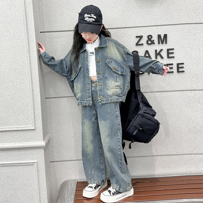 Girl'S Big Boy'S Spring Denim Coat Girl'S Retro Korean Style Big Boy'S Fashionable Cardigan Top - Image 1
