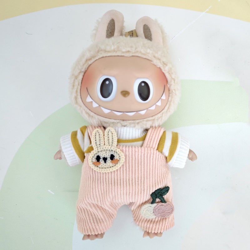 The suspenders are suit suitable for cloth pendant clothes to replace the 17cm Macaron vinyl Labubu doll clothes.(White T-shirt gray blue suspenders [without baby], Suitable for 17cm pull cloth pendant) - Image 5