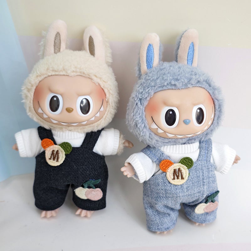 The suspenders are suit suitable for cloth pendant clothes to replace the 17cm Macaron vinyl Labubu doll clothes.(White T-shirt gray blue suspenders [without baby], Suitable for 17cm pull cloth pendant) - Image 3