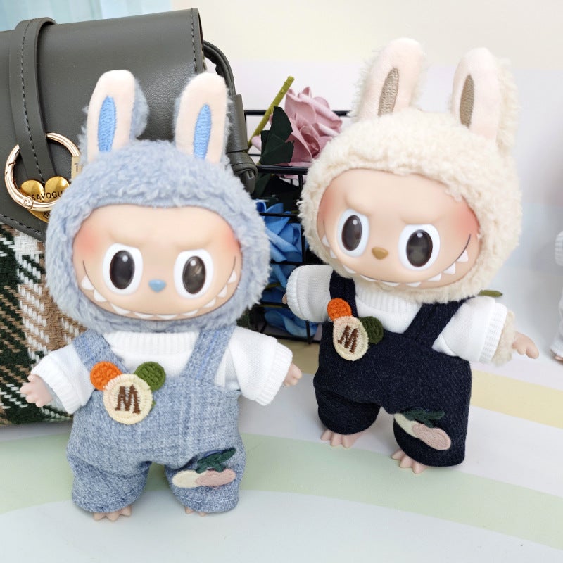 The suspenders are suit suitable for cloth pendant clothes to replace the 17cm Macaron vinyl Labubu doll clothes.(White T-shirt gray blue suspenders [without baby], Suitable for 17cm pull cloth pendant) - Image 2