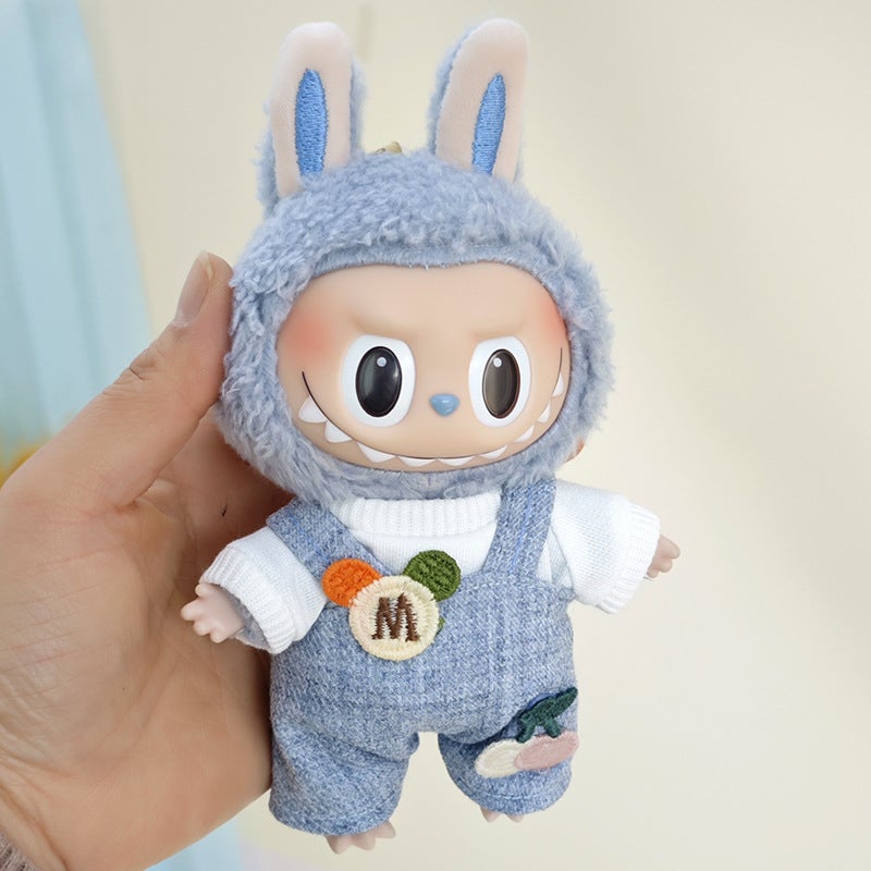 The suspenders are suit suitable for cloth pendant clothes to replace the 17cm Macaron vinyl Labubu doll clothes.(White T-shirt gray blue suspenders [without baby], Suitable for 17cm pull cloth pendant) - Image 1