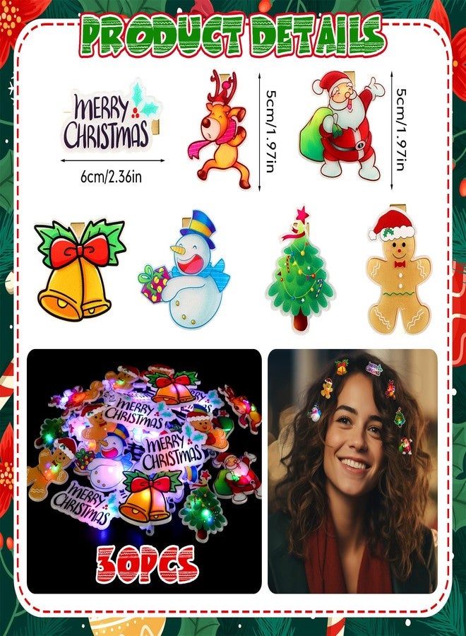 Luinabio 30 Pcs Light up Christmas Hair Clips Christmas Hair Accessories Gifts Xmas Santa Claus Gingerbread Man Cartoon Hairpin Holiday Festive Trinkets Hairpin Party Favors - Image 2