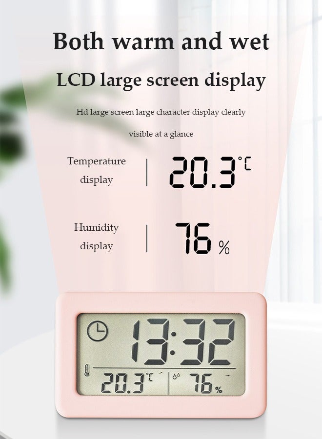 ساعة إلكترونية LCD، ساعة رقمية متعددة الوظائف قابلة للتعليق على الحائط، ساعة مكتبية محمولة، مع عرض الرطوبة ودرجة الحرارة، مع حامل، مناسبة للمنزل، غرفة النوم، المكتب، 9.6 * 5.8 * 1 سم، وردي - Image 3