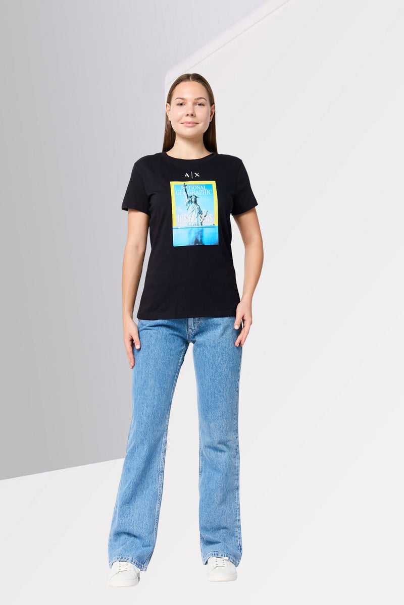 armani AX Armani Exchange Women Crew Neck Short Sleeve Graphic Print T-Shirt, Black - Image 2