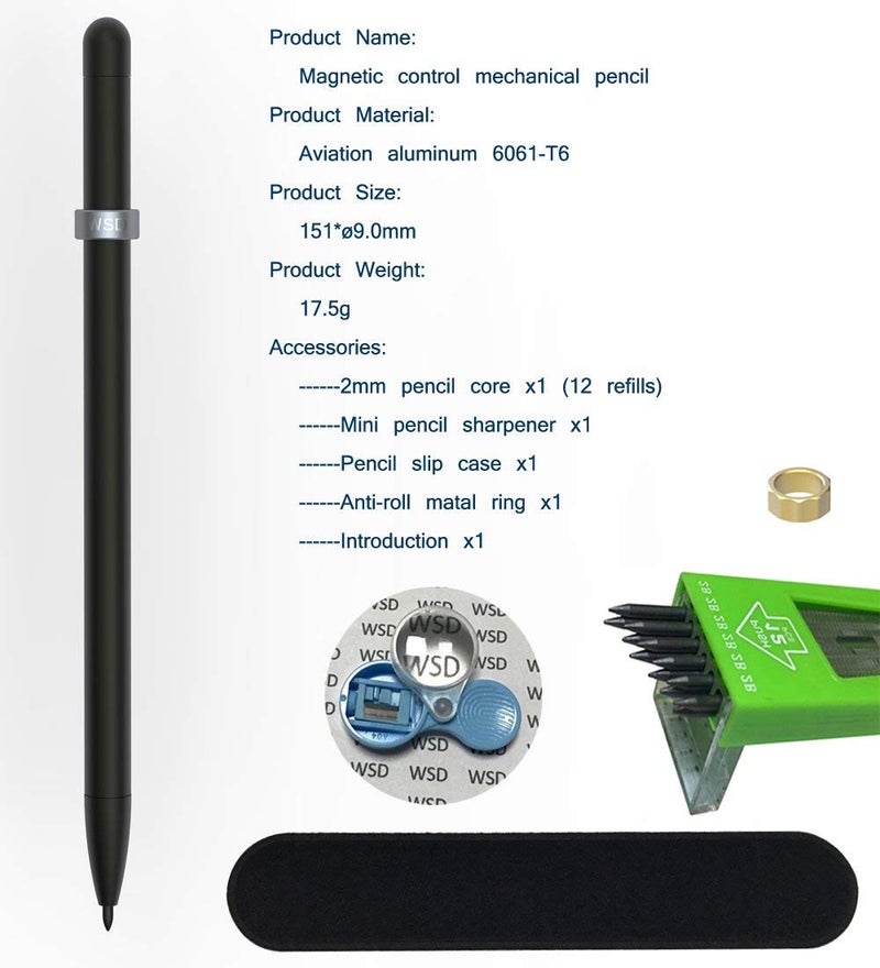 WSD Mechanical Pencils, Magnetic Control Pencil, CNC Machined, Universal 2.0mm Pencil Refill, Black - Image 5