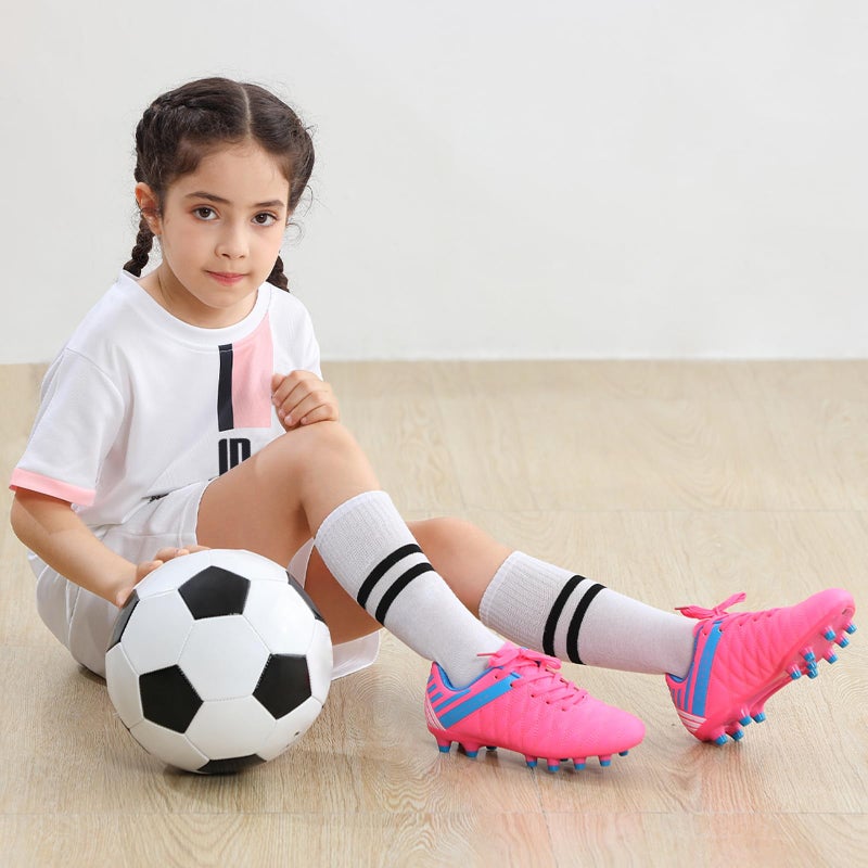 brooman Kids Athletic Soccer Cleats Boys Girls Outdoor Firm Ground Football Shoes (11,Pink) - Image 2