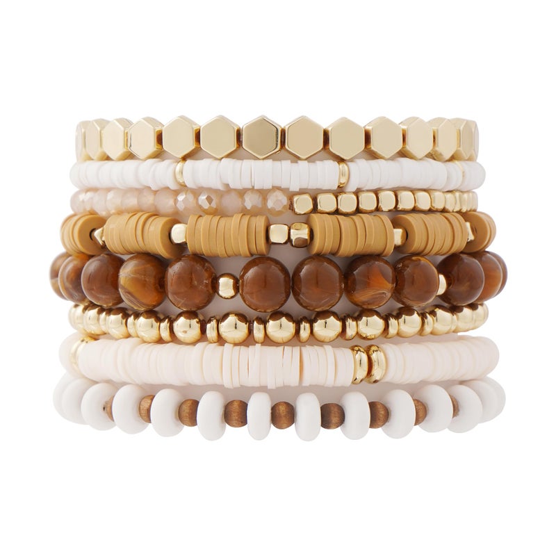 GOOJIDS Surfer Heishi Clay Bead Bracelets for Women Bohemian Stackable Gold Plated Beaded Stretch Bracelets Elastic Layering Friendship Brown Bracelets Set Boho Jewelry - Image 1