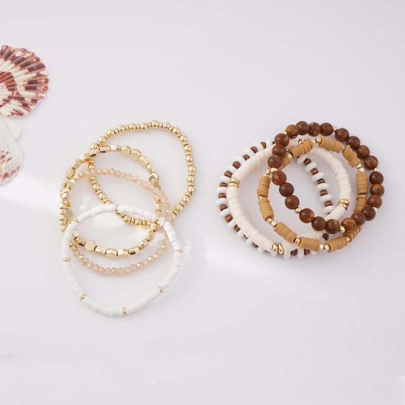 GOOJIDS Surfer Heishi Clay Bead Bracelets for Women Bohemian Stackable Gold Plated Beaded Stretch Bracelets Elastic Layering Friendship Brown Bracelets Set Boho Jewelry - Image 2