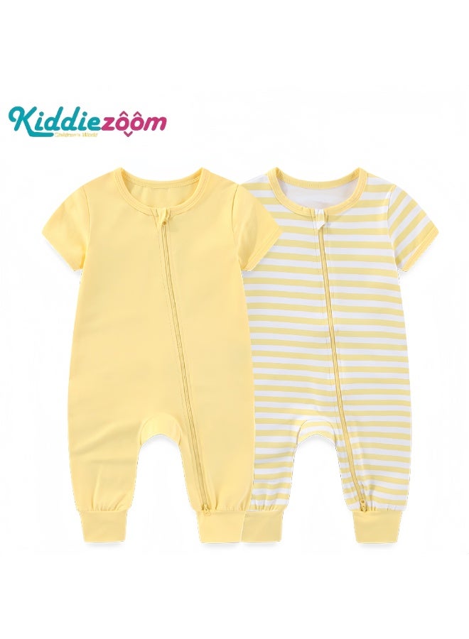Kiddiezoom طقم من قطعتين من ملابس الأطفال الرضع بأكمام قصيرة وسحاب أمامي - بدلات قطنية ناعمة قطعة واحدة للأطفال حديثي الولادة والرضع، سهلة تغيير الحفاضات، مريحة وجيدة التهوية - Image 1