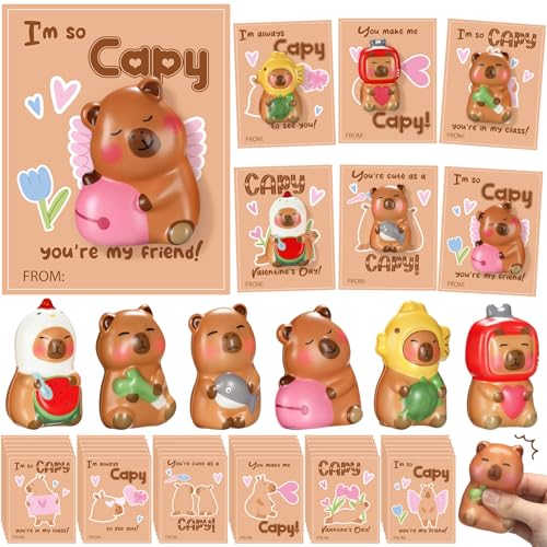 Charnoel 24 Sets Valentines Day Gift Capybara Stress Balls Bulk with Positive Support Card Squeeze Fidget for Classroom Reward Valentines Gift Exchange Capybara Party Favors Office Employee Coworker - Image 1