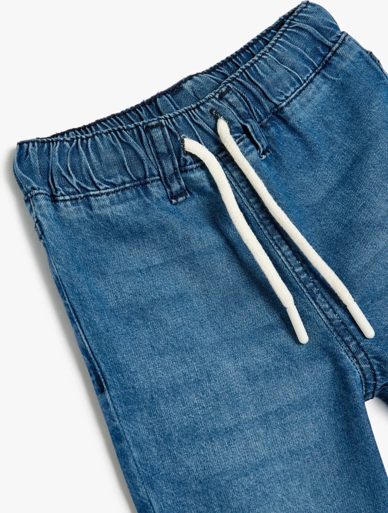 KOTON Cotton Denim Trousers with Tie Waist