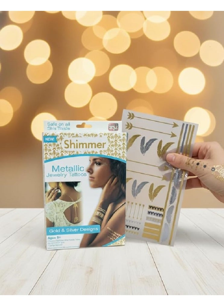 وشم مؤقت ذهبي وفضي لامع – تاتو مؤقت بتصميمات عصرية جذابة | مقاوم للماء وآمن على الجلد | يمنحك مظهراً أنيقاً وفريداً في الحفلات والمناسبات - Image 1