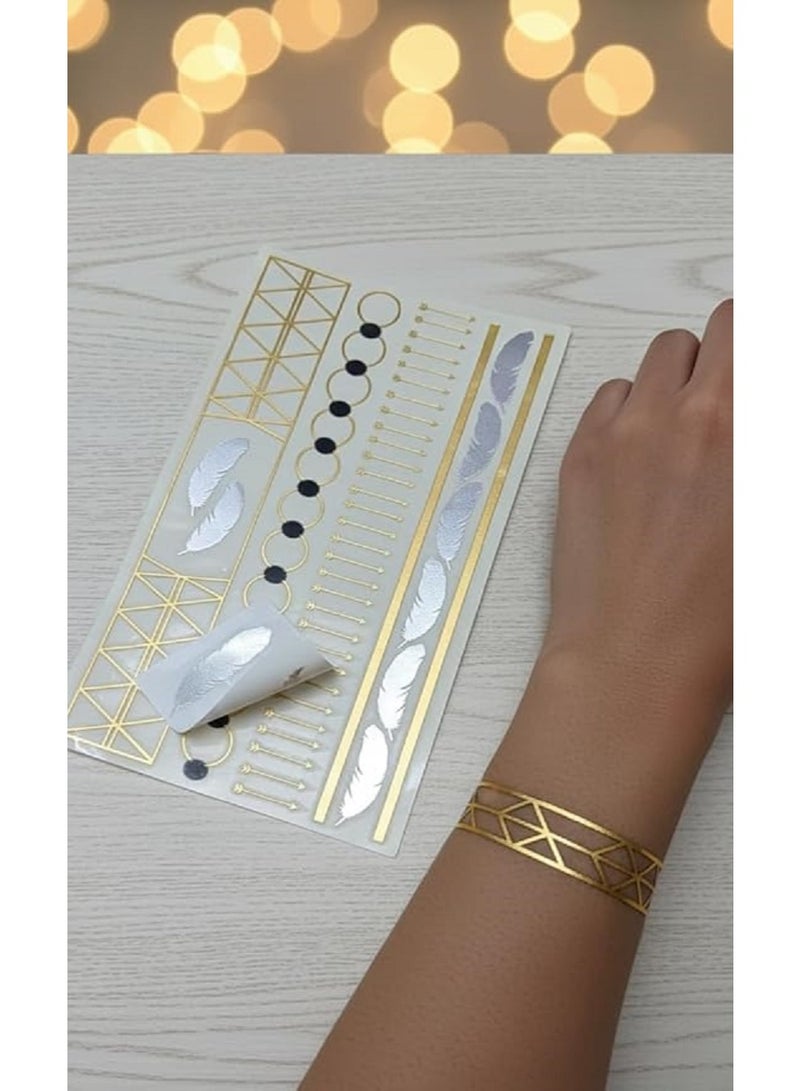 وشم مؤقت ذهبي وفضي لامع – تاتو مؤقت بتصميمات عصرية جذابة | مقاوم للماء وآمن على الجلد | يمنحك مظهراً أنيقاً وفريداً في الحفلات والمناسبات - Image 2