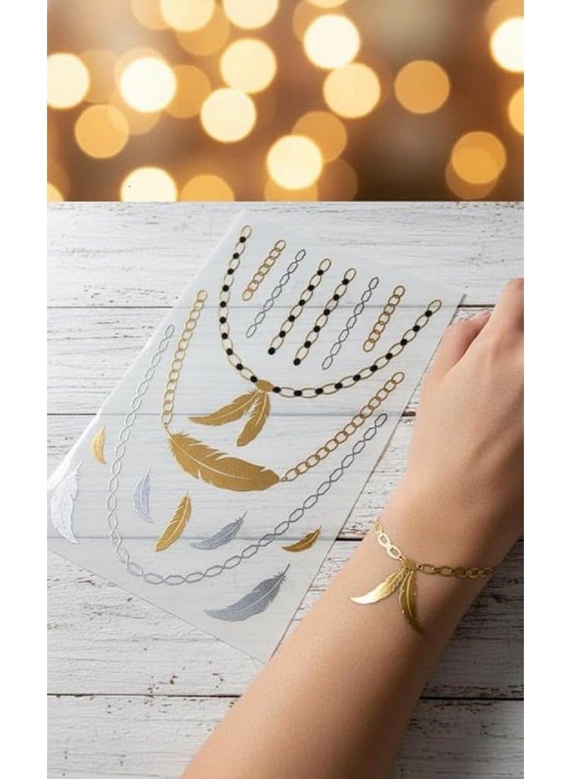 وشم مؤقت ذهبي وفضي لامع – تاتو مؤقت بتصميمات عصرية جذابة | مقاوم للماء وآمن على الجلد | يمنحك مظهراً أنيقاً وفريداً في الحفلات والمناسبات - Image 3