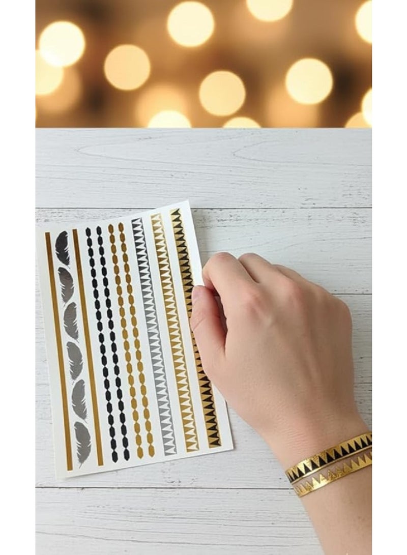 وشم مؤقت ذهبي وفضي لامع – تاتو مؤقت بتصميمات عصرية جذابة | مقاوم للماء وآمن على الجلد | يمنحك مظهراً أنيقاً وفريداً في الحفلات والمناسبات - Image 4