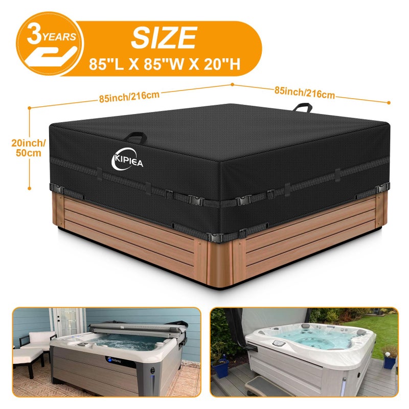 Kipiea 600D Outdoor Waterproof Square Hot Tub Cover Protector, Heavy Duty Polyester SPA Cover UV Protection Cover 85" L x 85" W x 20" H, Black - Image 2