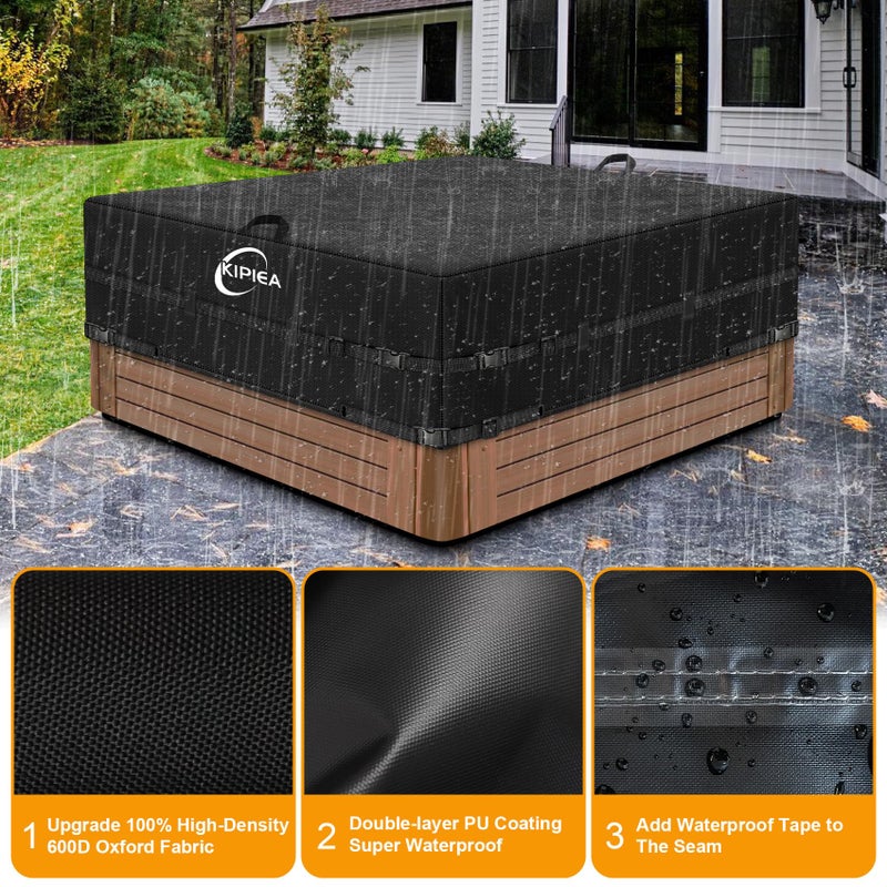 Kipiea 600D Outdoor Waterproof Square Hot Tub Cover Protector, Heavy Duty Polyester SPA Cover UV Protection Cover 85" L x 85" W x 20" H, Black - Image 3