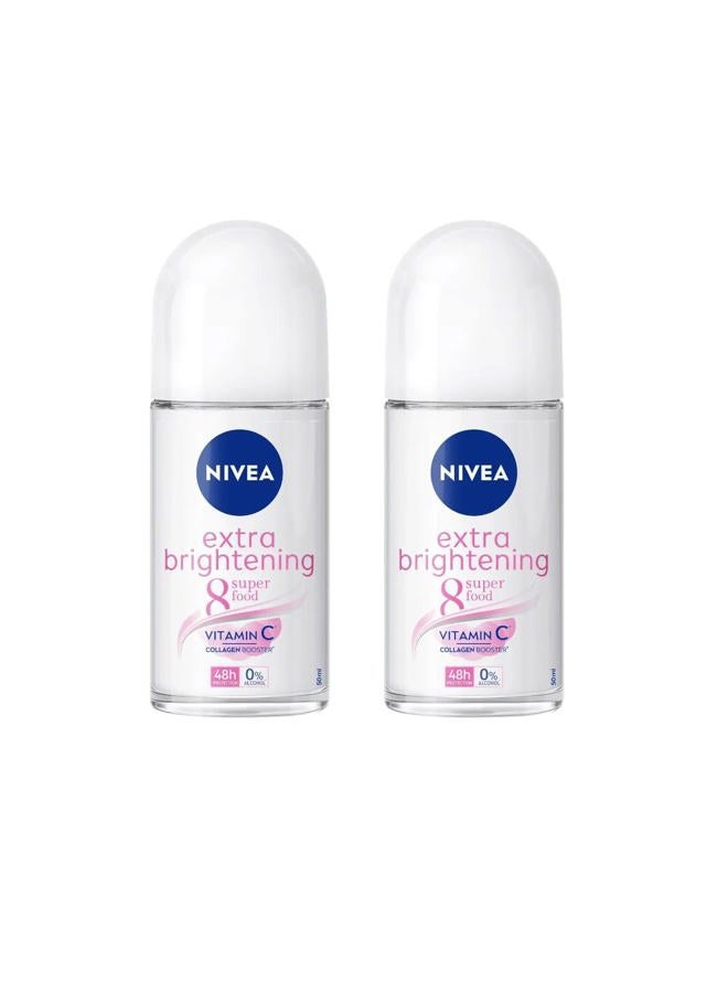 Nivea Extra Brightening 8 Super Food Vitamin C Collagen Booster Underarm Roll-On Deodorant, Alcohol-Free, 48HR Odor Protection, Smooth & Bright Skin, 50ml, 1.69oz, Pack of 2 - Image 1