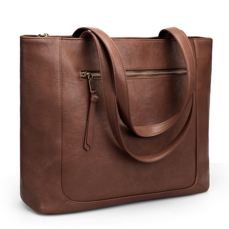 befen Genuine Leather Tote Bags for Women, Women's Shoulder Handbags Tote Purse with Zipper Work Tote Bags with 15.6" Compartment, Brown - Image 1