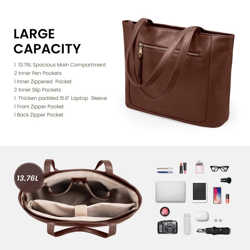 befen Genuine Leather Tote Bags for Women, Women's Shoulder Handbags Tote Purse with Zipper Work Tote Bags with 15.6" Compartment, Brown - Image 4