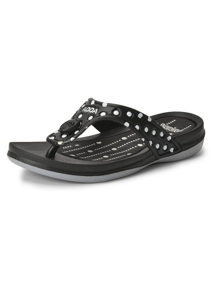 ADDA (LABEL) Polka || Durable & Comfortable || Polka Print || Lightweight || Fashionable || Eva Sole || Soft Footbed || Solid || Thong Flip Flop Flip-Flops For Women, Black, Size_7 - Image 1