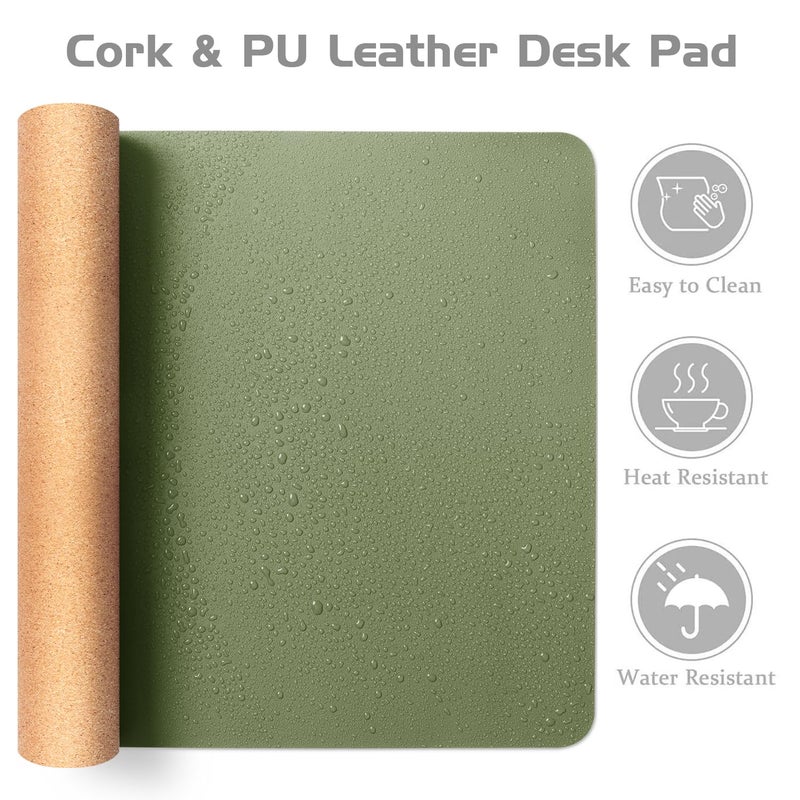 Aothia Dual-Sided Desk Mat - Natural Cork & Leather Desk Protector, Large Mouse Pad & Writing Pad for Office/Home, Olive Green (25.6"x13.7") - Image 3