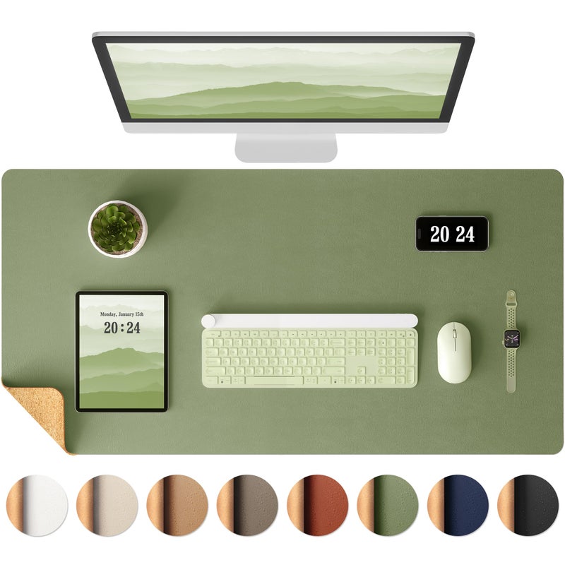 Aothia Dual-Sided Desk Mat - Natural Cork & Leather Desk Protector, Large Mouse Pad & Writing Pad for Office/Home, Olive Green (25.6"x13.7") - Image 1