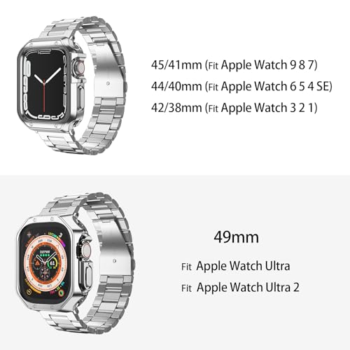 MRYUESG Compatible with Apple Watch Ultra 3/2/1 Band and Case, Stainless Steel Metal Chain with TPU Cover, Smart-Watch Link Bracelet Strap for men, Wrist-Band for i-Watch Ultra, 49mm, Silver - Image 3