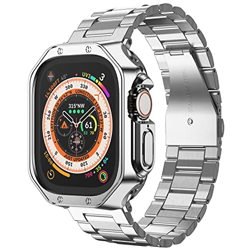 MRYUESG Compatible with Apple Watch Ultra 3/2/1 Band and Case, Stainless Steel Metal Chain with TPU Cover, Smart-Watch Link Bracelet Strap for men, Wrist-Band for i-Watch Ultra, 49mm, Silver - Image 1