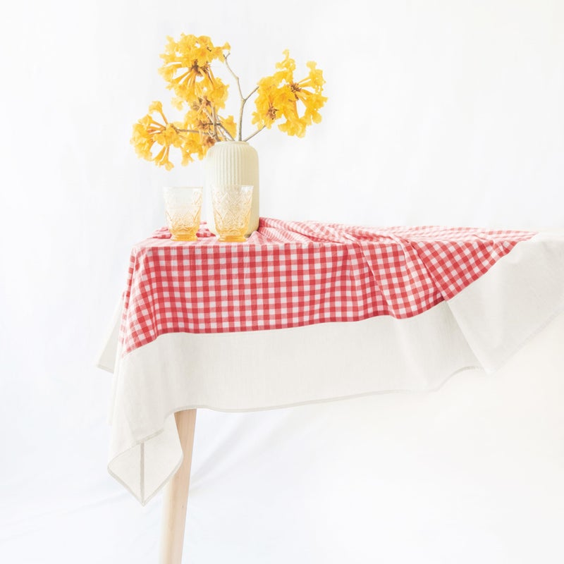 MONDAY MOOSE Gingham Checkered Farmhouse Rustic Picnic Style Decoration Rectangle Natural Stonewashed Cotton Tablecloth for Kitchen, Dining Room, Restaurant (60x86 inch, Red/White) - Image 1