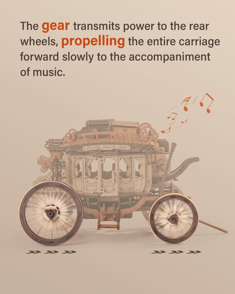 ROBOTIME Stagecoach Wooden Music Box Puzzle AMKA1, Valentines Day Gift 3D Wooden Puzzles for Adults, Mechanical 3D Model to Build, Birthday Anniversary Day Gift Hobby STEM Kits - Image 5