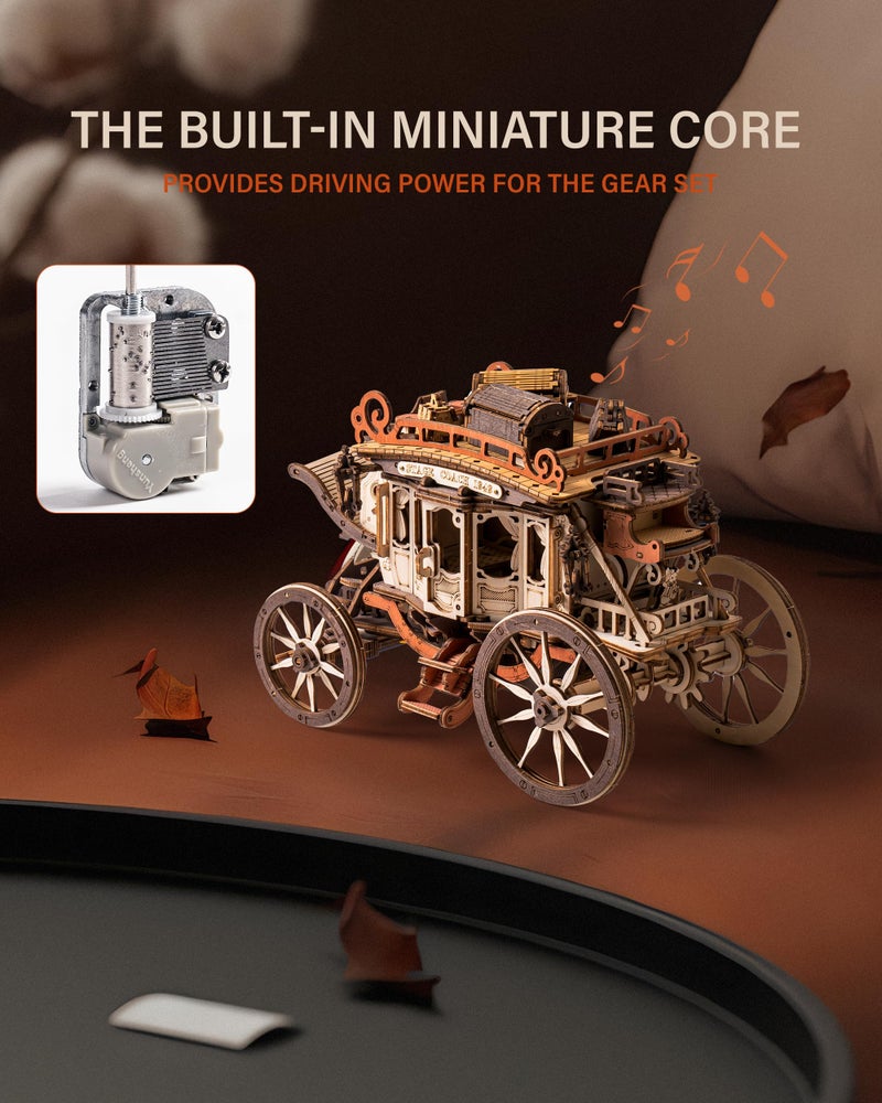 ROBOTIME Stagecoach Wooden Music Box Puzzle AMKA1, Valentines Day Gift 3D Wooden Puzzles for Adults, Mechanical 3D Model to Build, Birthday Anniversary Day Gift Hobby STEM Kits - Image 4