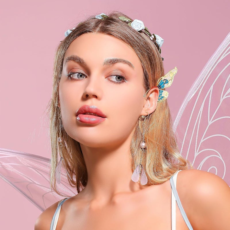 Excefore Butterfly Wings Earrings, Fairy Ear Cuff Elf Headpiece - Elf Ear Clip Ear Hook, Fairy Costume Headpiece Accessories, Colorful Butterfly Dangle Earrings for Women, Simulation Butterfly Wing Earrings - Image 5