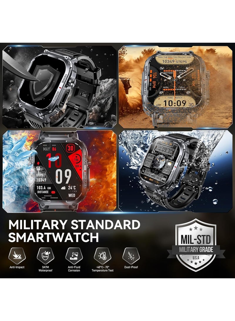 LIGE Military Smart Watch for Men 3ATM Waterproof with Call/LED Flashlight 2.02" HD Big Screen Rugged Tactical Smartwatch with Compass Fitness Tracker with HR/SPO2/Blood Pressure Monitor for iPhone Android（2 Straps）  - Image 2
