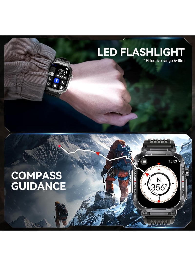 LIGE Military Smart Watch for Men 3ATM Waterproof with Call/LED Flashlight 2.02" HD Big Screen Rugged Tactical Smartwatch with Compass Fitness Tracker with HR/SPO2/Blood Pressure Monitor for iPhone Android（2 Straps）  - Image 4