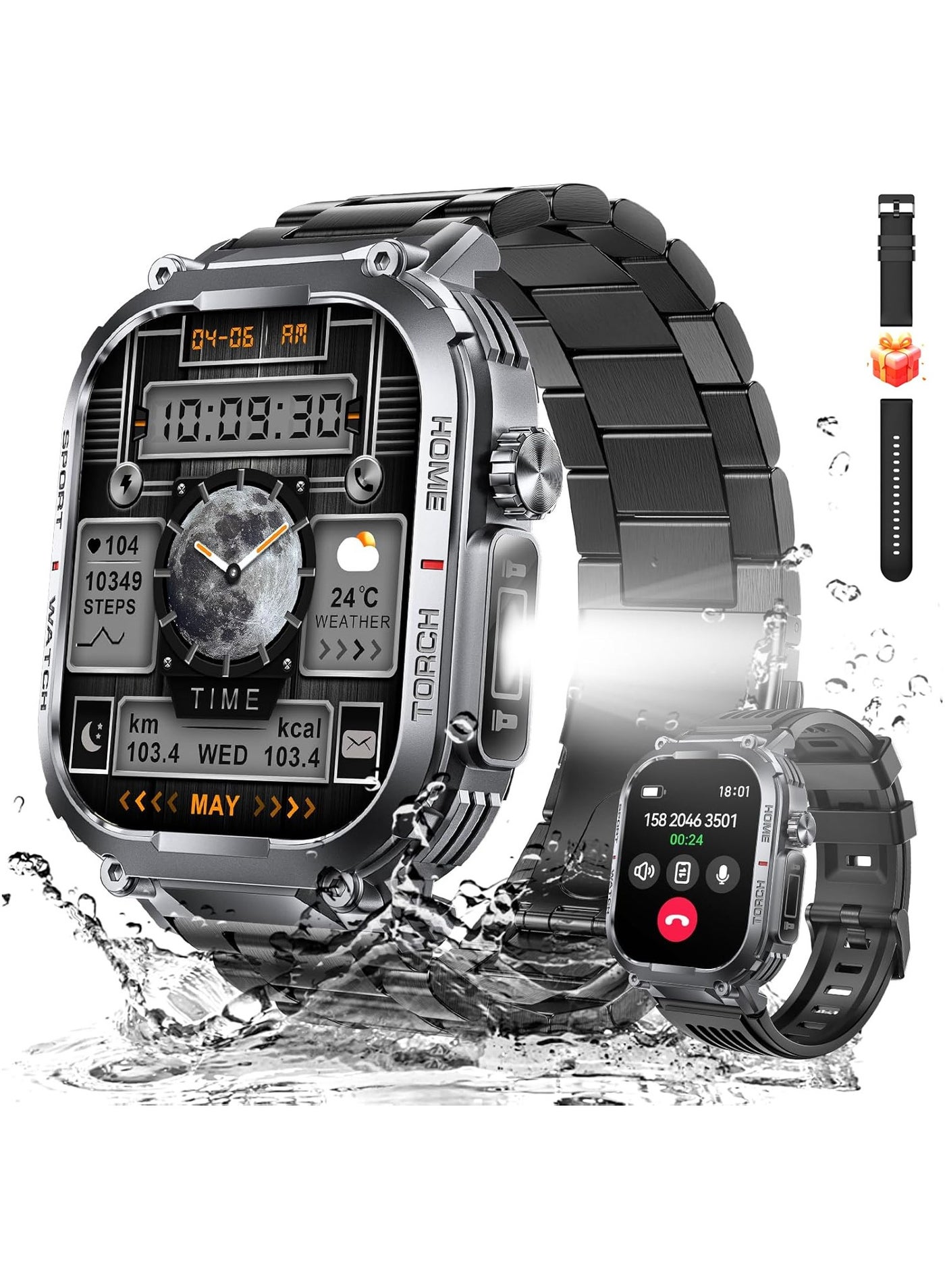 LIGE Military Smart Watch for Men 3ATM Waterproof with Call/LED Flashlight 2.02" HD Big Screen Rugged Tactical Smartwatch with Compass Fitness Tracker with HR/SPO2/Blood Pressure Monitor for iPhone Android(2 Straps)