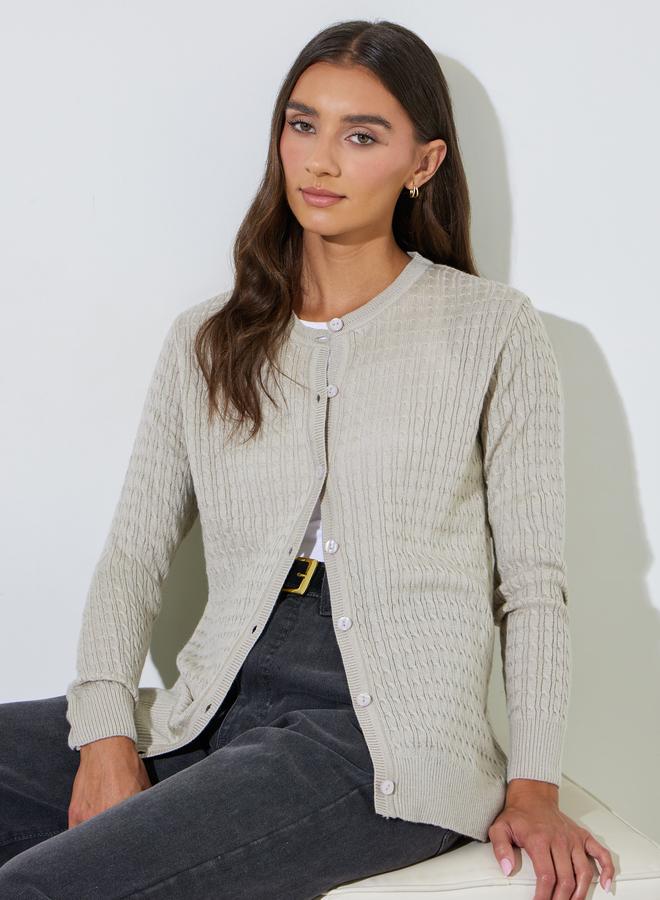 Styli Beige Cable Knit Button Up Cardigan - Image 1