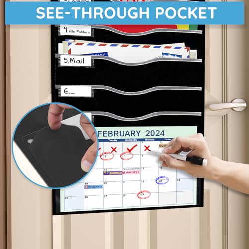 ALSLEA 8 Pockets Hanging Wall File Organizer for Legal/ Letter/ A4 Size Paper, Over the Door Organizer, Black Pocket Chart for Classroom, Office, Home Use with 12 Name Tags, 5 Hooks and Clear Calendar Pocket - Image 3