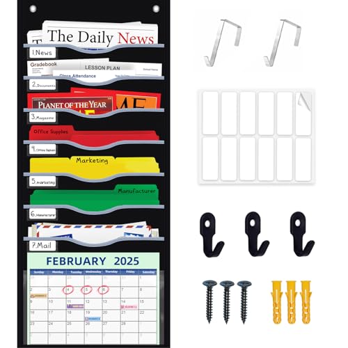 ALSLEA 8 Pockets Hanging Wall File Organizer for Legal/ Letter/ A4 Size Paper, Over the Door Organizer, Black Pocket Chart for Classroom, Office, Home Use with 12 Name Tags, 5 Hooks and Clear Calendar Pocket - Image 1