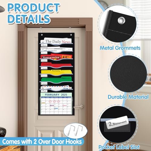 ALSLEA 8 Pockets Hanging Wall File Organizer for Legal/ Letter/ A4 Size Paper, Over the Door Organizer, Black Pocket Chart for Classroom, Office, Home Use with 12 Name Tags, 5 Hooks and Clear Calendar Pocket - Image 2