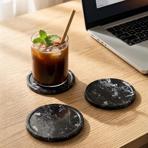 Radicaln Black Marble Coasters Set of 6 Handmade 35 Inch Round Coasters for Drinks Coaster Set with Holder Elegant Table Decor - Image 3
