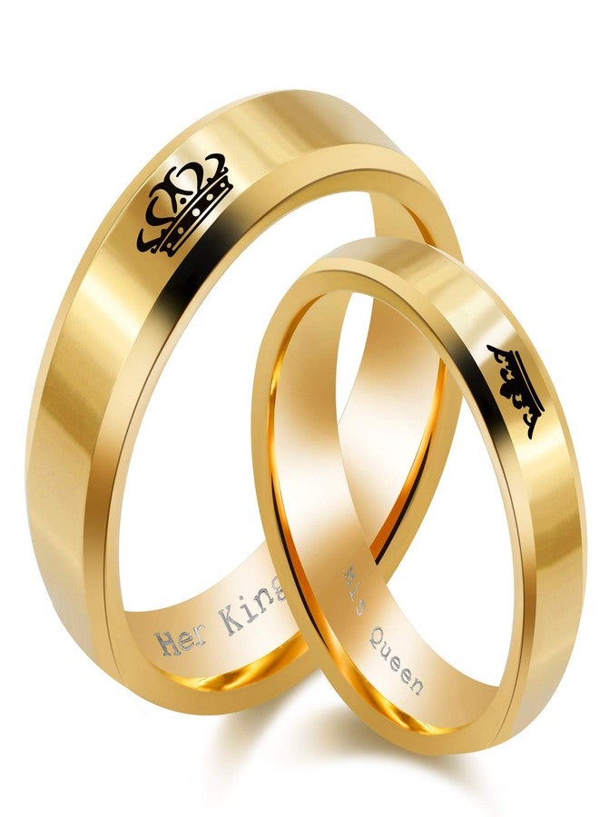 Uloveido Gold King and Queen Rings for Couples - 2pcs His and Hers Stainless Steel Matching Ring Sets for Him and Her - 2 pcs Promise Engagement Wedding Band Gold Comfort Fit Rings for Couple Lovers - Image 1