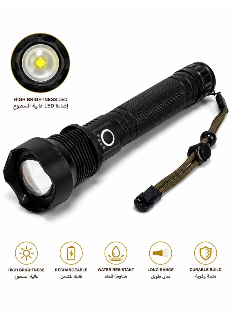 Rechargeable P99 LED Flashlight with Zoom Focus 3 Light Modes Dual 26650 Batteries and USB Charging for Camping Security Emergency and Outdoor Use