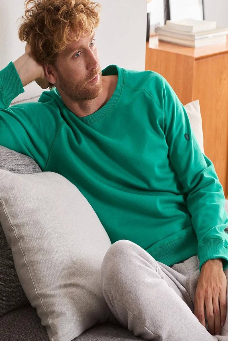 Tchibo Men Crew Neck Long Sleeve Plain Sweater, Green  - Image 1