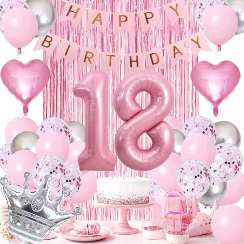LUDEOU Sweet 18th Birthday Decorations Pink 18th Pink Happy Birthday Decorations for Girls Pink Silver Balloons Number 18 BalloonsFringe Curtain Crown Balloon for Her Girl 18th Party Decorations Pink - Image 1