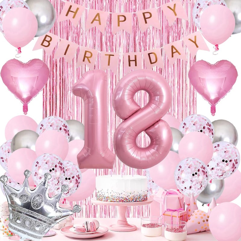 LUDEOU Sweet 18th Birthday Decorations Pink 18th Pink Happy Birthday Decorations for Girls Pink Silver Balloons Number 18 BalloonsFringe Curtain Crown Balloon for Her Girl 18th Party Decorations Pink - Image 2