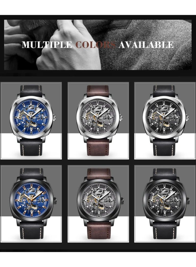 BENYAR Automatic Watches for Men | Skeleton Mechanical Leather Strap Mens Watch | 45mm Dial | 30M Waterproof | Men's Stylish Gift - Image 2